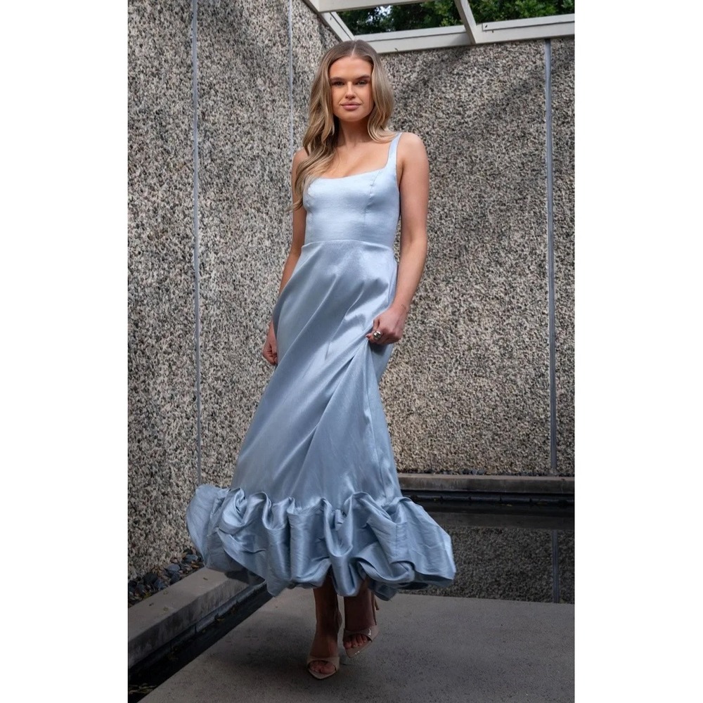 Show Me Your Mumu Light Blue Bubble Hem Maxi Dress Square Neck Smocked Back Gown